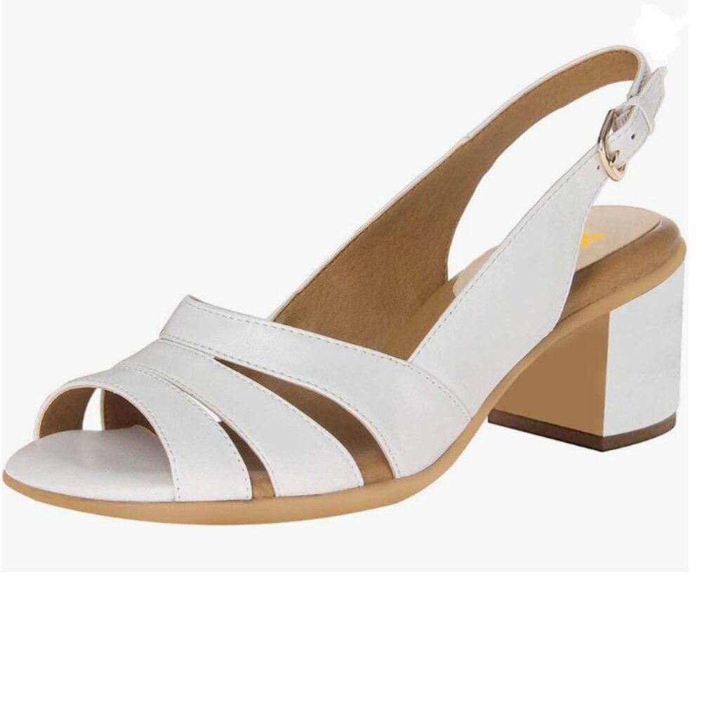 XYD White Open Toe Low Chunky Heel Sandals Slingback Buckled Pull On Casual Shoe